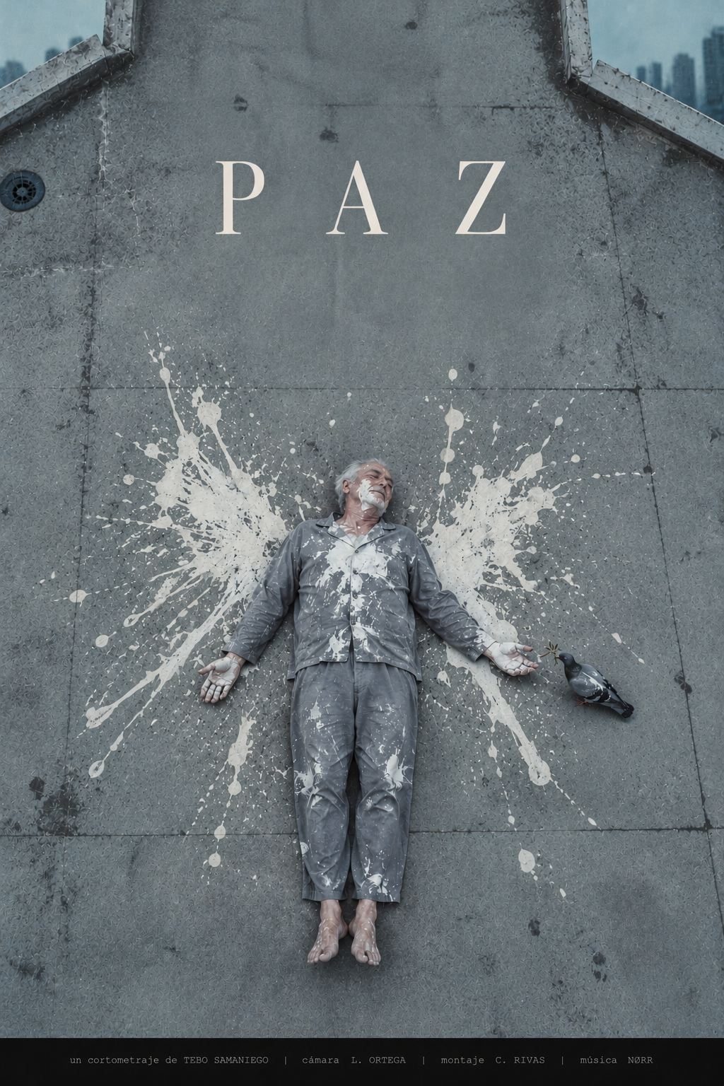 Póster de PAZ: un hombre tumbado cubierto de pintura blanca junto a una paloma